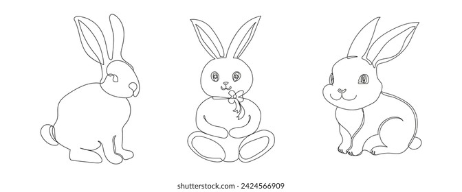 Set of Rabbits. Continuous one line drawing. Simple line art of Easter Bunnies. Isolated on white background. Minimalist style. Design element. For print, greeting, postcard, scrapbooking.
