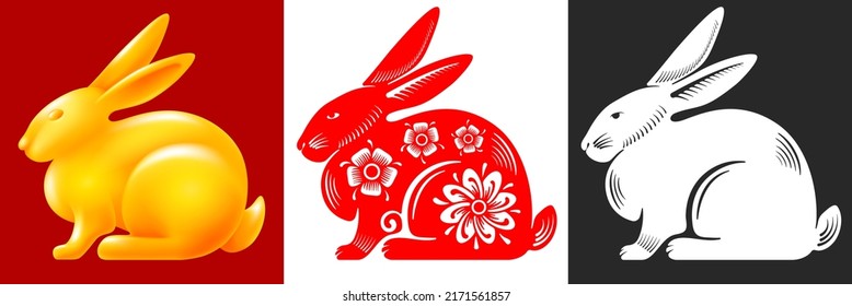 Set of Rabbits. Cute bunny, zodiac symbol of new year 2023 drawn as silhouette, golden figurine and with floral ornament in chinese style. Isolated on various background. Vector illustration