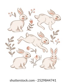 A set rabbits depicted in a vintage Scandinavian folk style, featuring illustrations, Swedish design elements. This artwork embodies rustic decor and floral patterns. Moon Festival, Mooncake Festival