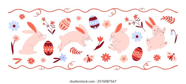 Set of rabbits in different poses with Easter eggs and plant elements. Seamless horizontal pattern with red accents