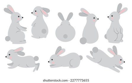 Set of rabbits in different poses. Set of gray rabbits on a white background.