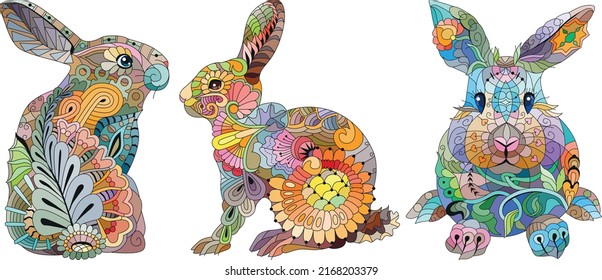 Set of rabbits. Easter background with creative cute bunny. Colorful vector illustration. The symbol of 2023