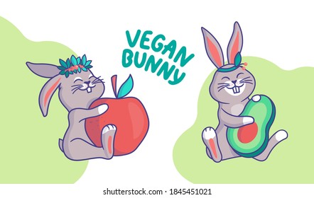 Conjunto de conejos para diseños familiares. Animales de caricatura con una frase - conejito vegan. Los personajes sostienen verduras y aman un estilo de vida saludable. Ilustración del vector