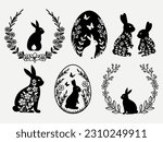 Set of rabbits frame. Collection of rabbits with flower wreath. Easter bunny. Farm animal. Vector illustration on a white background. 