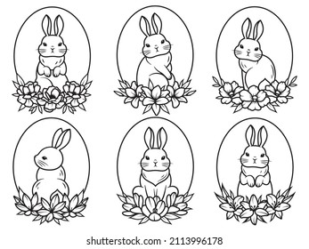 Set of rabbits frame. Collection of rabbits with flower wreath. Easter bunny. Farm animal. Vector illustration on a white background. 