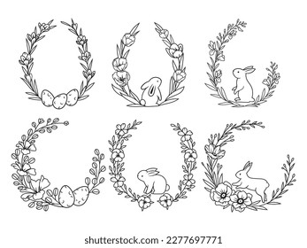 Set of rabbits frame. Collection of rabbits with flower wreath. Easter bunny. Farm animal. Vector illustration on a white background. 