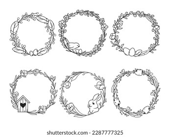 Set of rabbits frame. Collection of rabbits with flower wreath. Easter bunny. Farm animal. Vector illustration on a white background. 