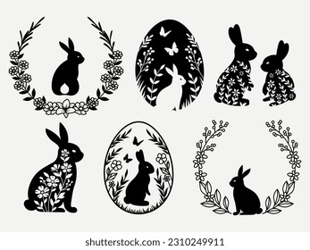 Set of rabbits frame. Collection of rabbits with flower wreath. Easter bunny. Farm animal. Vector illustration on a white background. 