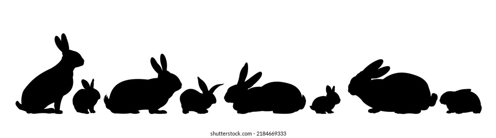 Set of Rabbits are grazing. Picture silhouette. Farm pets. Fur animals. Isolated on white background. Vector.