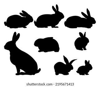 Set of Rabbits are grazing. Picture silhouette. Farm pets. Fur animals. Isolated on white background. Vector.