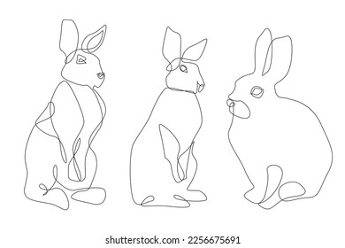 Set of rabbits. Hares. Line art. Rabbit drawn in one line. Wild nature. Easter. Spring. Spring holidays. Hares set. One line. Decor set.
