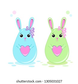 Set of rabbits with hearts in the style of Kawaii