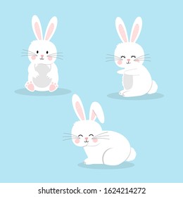 Set of rabbits isolated on blue background vector illustration. Cute cartoon character.