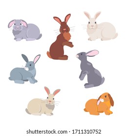 Set of rabbits isolated on a white background. Vector graphics of bunnies of various colors.