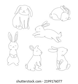 Set of  Rabbits in one line. Black line vector illustration on white background