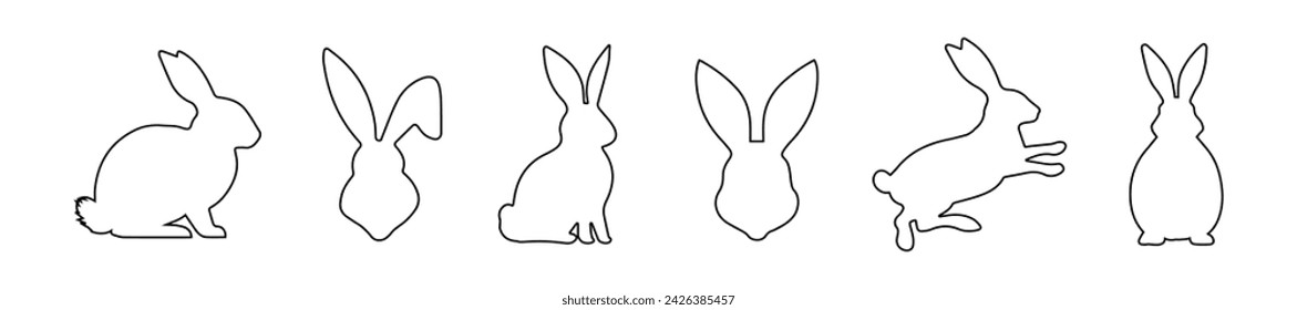 Set of rabbits in outline. Easter bunnies. Isolated on white background. A simple black icons of hares. Cute animals. Ideal for logo, emblem, pictogram, print, design element for greeting card.
