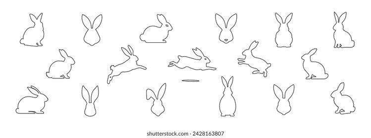 Set of rabbits in outline. Easter bunnies. Isolated on a white backdrop. Simple black icons of hares. Cute animals. Suitable for logo, emblem, pictogram, print, greeting card. Design elements