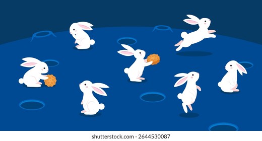 Set of rabbits playing, jumping, Mid Autumn Festival banner, full moon elements, cute bunny fairy. Vector Illustration.