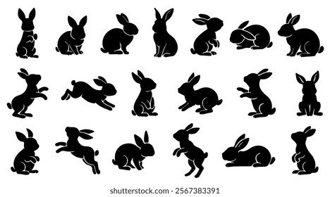 Set of rabbits silhouette in different poses. Hand drawn black silhouettes of easter bunnies isolated on white background. Vector illustration of decorative elements for design decor.