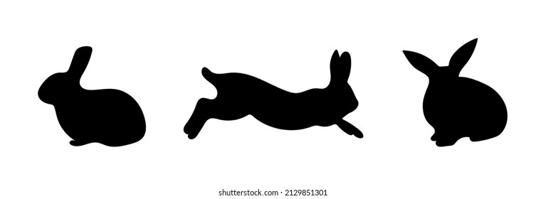 Set of rabbits silhouettes. Black icons of sitting and running rabbits. Vector illustration.