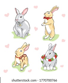 Set of rabbits. Two rabbits with, one is wearing scarf, another has a daisy in its mouth.