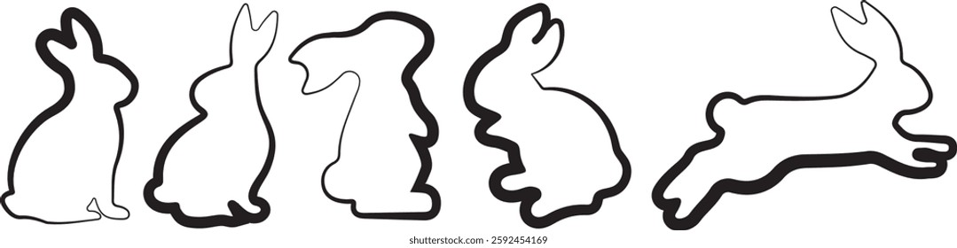 set of rabbits in various poses drawn in black outline in line art style, for logos and holiday designs