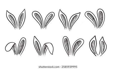 Set of rabbits's ears, Easter. Hand drawn illustration