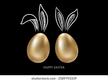 Set of rabbits's ears with Gold eggs. Happy Easter. Hand drawn illustration.