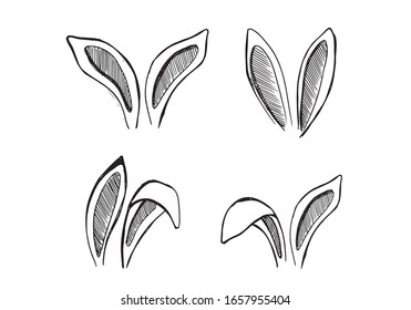 Set of rabbits's ears. Hand drawn illustration.