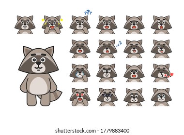 Set of raccoon avatars showing various emotions. Cute raccoon amazed, thinking, laughing, sad, surprised, sleeping, dazed and showing other expressions. Vector illustration bundle