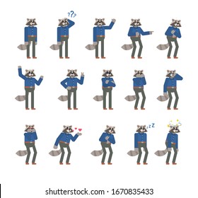 Set of raccoon characters in blue shirt showing various emotions. Raccoon laughing, thinking, crying, tired, sleeping and showing other expressions. Flat design vector illustration