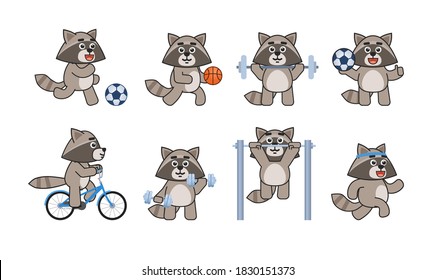Set of raccoon characters doing various sports. Cute raccoon mascot playing football, basketball, riding bike, running and showing other actions. Vector illustration bundle