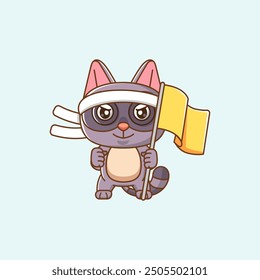 set Raccoon cute  shouting with the flag and headband kawaii chibi character mascot illustration outline style design