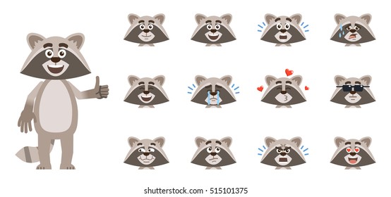 Set of raccoon emoticons. Raccoon avatars showing different facial expressions. Happy, sad, laugh, cry, surprised, love, tired, angry and other emotions, Flat style vector illustration