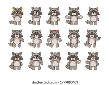 Set of raccoon mascots showing various emotions. Cute raccoon amazed, begging, sad, angry, in rage, suspicious, showing silly face and other emotions. Vector illustration bundle