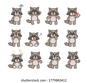 Set of raccoon mascots showing various emotions. Cute raccoon thinking, jumping, angry, in love, sleeping, dazed and showing other emotions. Vector illustration bundle