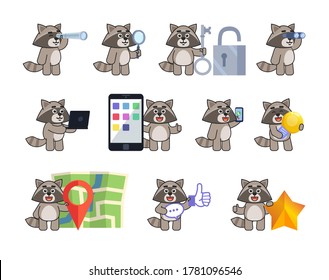 Set of raccoon mascots in various situations. Cute raccoon holding spyglass, magnifier, idea bulb, talking on phone, standing near map and showing other actions. Vector illustration bundle