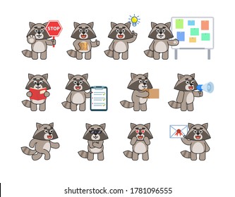 Set of raccoon mascots in various situations. Cute raccoon holding stop sign, parcel box, loudspeaker, document, mail, reading book, running and showing other actions. Vector illustration bundle