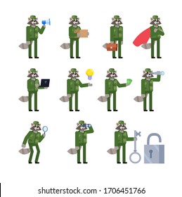 Set of raccoon soldier characters in camouflage uniform. Military raccoon holding parcel, loudspeaker, laptop, spyglass and showing other actions. Simple design vector illustration