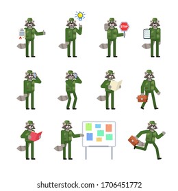 Set of raccoon soldier characters in camouflage uniform. Raccoon holding stop sign, document, walking, running and showing other actions. Simple design vector illustration