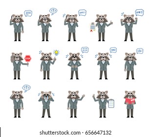 Set of raccoon in suit characters showing diverse actions, emotions. Funny raccoon businessman talking on phone, angry, surprised, reading book and doing other actions. Simple vector illustration