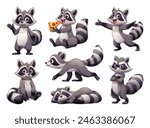 Set of raccoon in various poses. Vector cartoon illustration