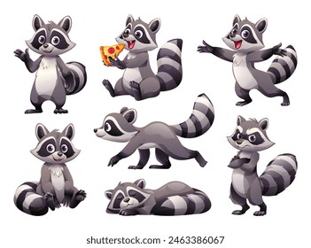 Set of raccoon in various poses. Vector cartoon illustration