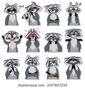 Set of raccoons with funny emotions. Vector cartoon color stickers.