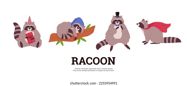 Set of raccoons in various costumes flat style, vector illustration isolated on white background. Cute funny animals, decorative design elements collection