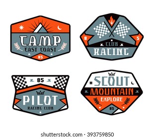 Set of race and camping patch. Graphic design for t-shirt. Color print on white background