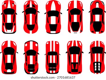 Establecer vista superior del coche de carreras en estilo de dibujos animados. Juego de coches de carreras para juegos 2D. Una colección de coches de carreras de Vector de colores desde la vista aérea, perfecto para el juego o el App móvil. Conjunto de coche de la calle de la carrera, para el juego