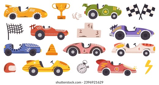 Set Of Race Cars, Sleek And Colorful, Zooming Down The Track With Excitement. Their Streamlined Designs And Bold Hues Create A Thrilling Spectacle Of Speed And Competition. Cartoon Vector Illustration