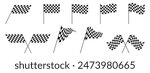 Set of race flags with chequered black and white print. Start or finish symbols on sport car competitions. Rally or motocross props. Victory, trophy or success signs. Vector graphic illustration.