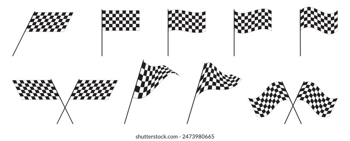 Set of race flags with chequered black and white print. Start or finish symbols on sport car competitions. Rally or motocross props. Victory, trophy or success signs. Vector graphic illustration.